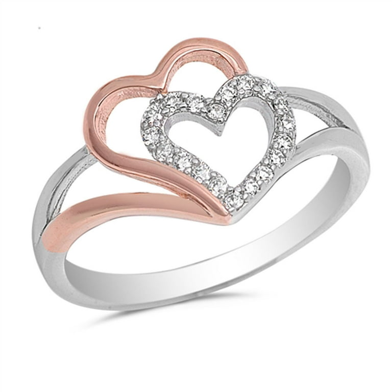 Rose Gold-Tone Clear CZ Cutout Heart Ring Sterling Silver