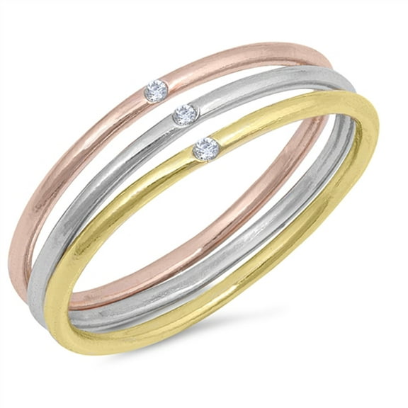 Rose Gold-Tone Clear Cubic Zirconia Stackable Ring Set .925 Sterling Silver Band White Female Size 6