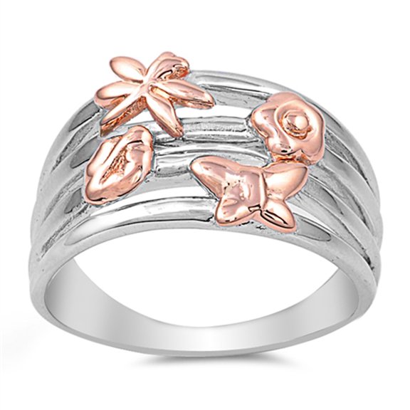 Rose Gold-Tone Dragonfly Butterfly Flower Ring Sterling Silver Band 925 Jewelry Female Male Size 7