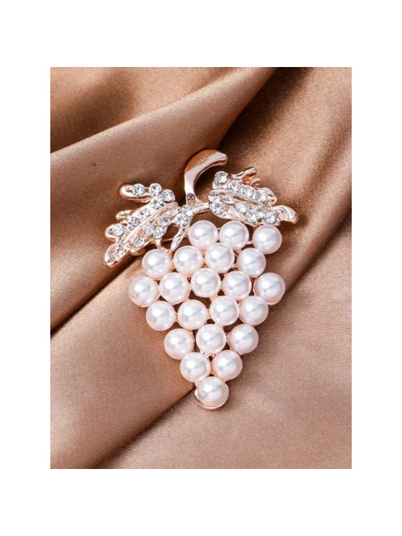 Rose Gold Tone Faux Pearl Grape Cluster Brooch With Rhinestone Leaves, Elegant Scarf Or Lapel Accessory