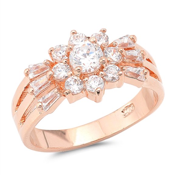 Rose Gold-Tone Flower White Cubic Zirconia Ring .925 Sterling Silver Band Jewelry Female Male Size 7