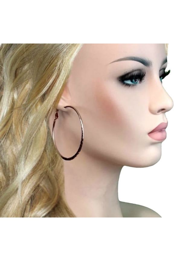 Rose Gold Tone Hammered 2 3/8" Latch Back Hoop Earrings Ladies Adult Female Women