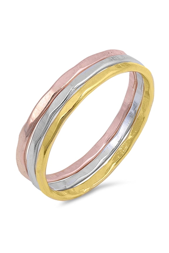 Rose Gold-Tone Hammered Stackable Ring Set .925 Sterling Silver Band Jewelry Female Male Size 4