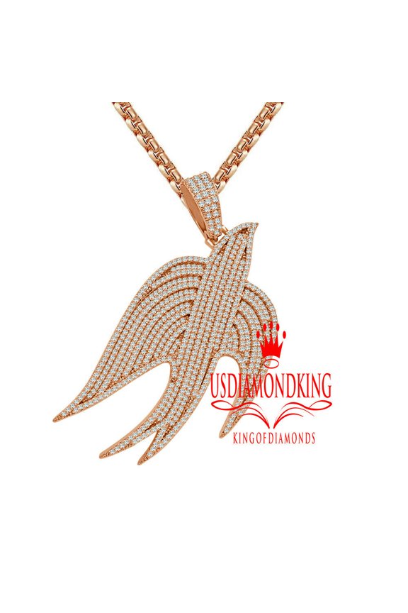 Rose Gold Tone Lab Diamond Eagle Flying Bird Spread Wing Pendant Charm + Chain
