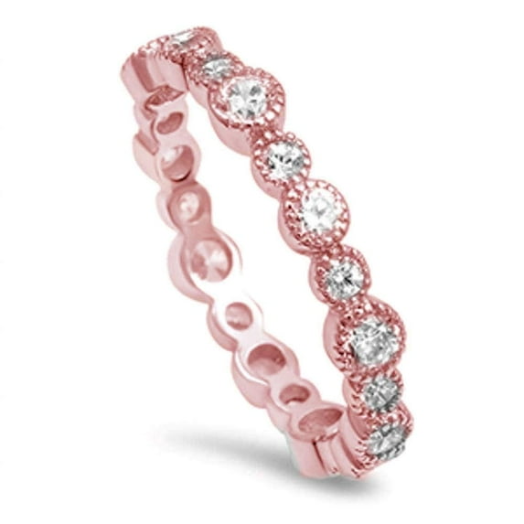 Rose Gold-Tone Plated Sterling Silver Multi-Size Round Clear CZ Eternity Ring Size 7