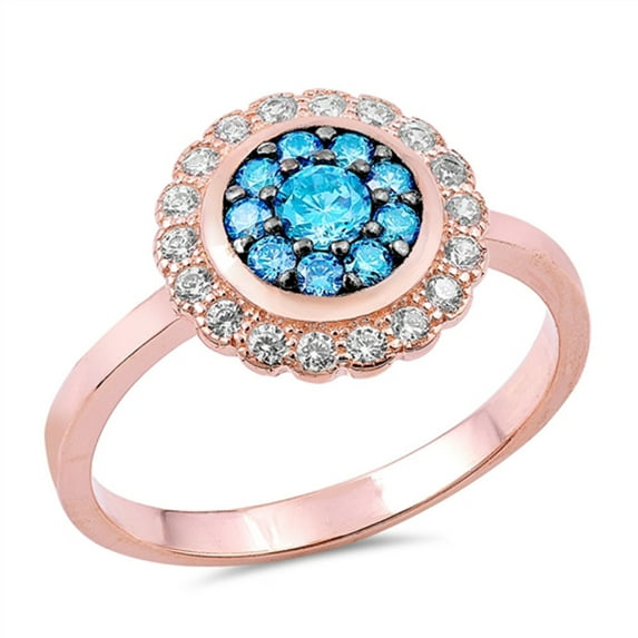 Rose Gold-Tone Simulated Aquamarine Flower Halo Ring .925 Sterling Silver Blue CZ Female Size 9