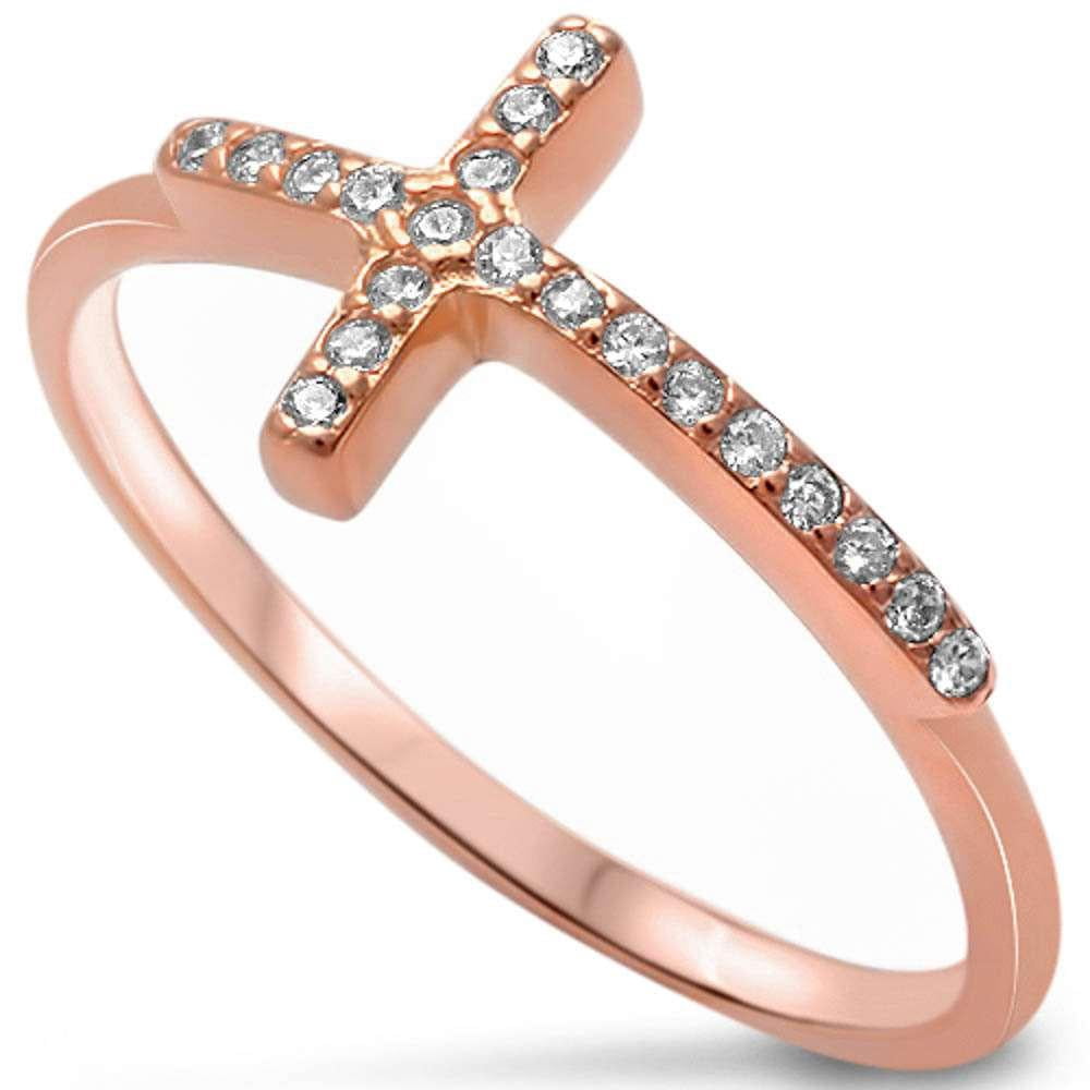 Lateral Cross Rings Rose Gold-Tone Sterling Silver Clear CZ Classic Cross Ring Size 5 ...