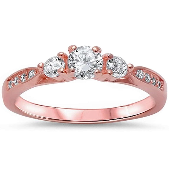 Rose Gold-Tone Sterling Silver Clear CZ Three Stone Ring Size 9