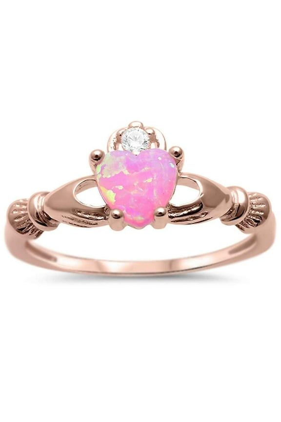 Rose Gold-Tone Sterling Silver Pink Synthetic Opal CZ Claddagh Ring Size 11
