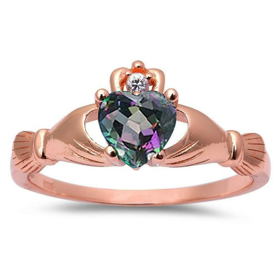 Rose Gold-Tone Sterling Silver Rainbow & Clear CZ Claddagh Ring Size 9