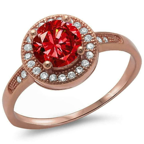 Rose Gold-Tone Sterling Silver Synthetic Ruby CZ Ornate Ring Size 9