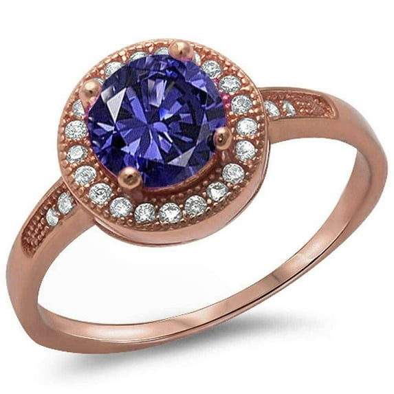 Rose Gold-Tone Sterling Silver Synthetic Tanzanite CZ Ornate Ring Size 11