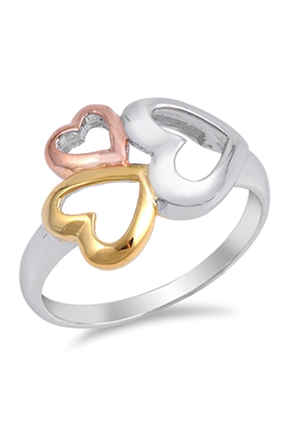 Rose Gold-Tone Triple Heart Purity Ring .925 Sterling Silver Band Jewelry Female Male Unisex Size 10