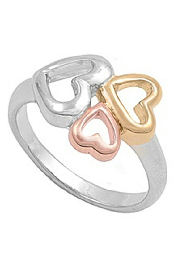 Rose Gold-Tone Triple Heart Purity Ring .925 Sterling Silver Band Jewelry Female Male Unisex Size 9