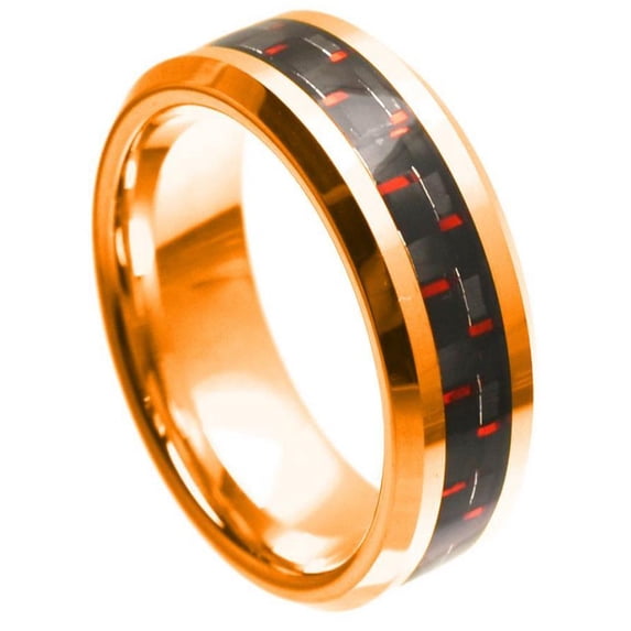 Rose Gold-Tone Tungsten Black And Red Carbon Fiber Eternity Ring Size 8