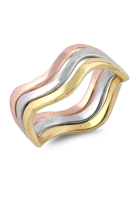 Rose Gold-Tone Wave Stackable Ring Set .925 Sterling Silver Wavy Band Jewelry Female Male Size 10