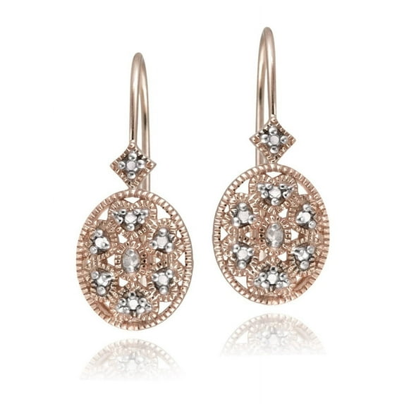 Rose Gold Tone over Sterling Silver Diamond Accent Filigree Oval Leverback Earrings