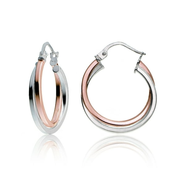 Rose Gold Tone over Sterling Silver Two-Tone Intertwining Square-Tube Polished Hoop Earrings, 20mm