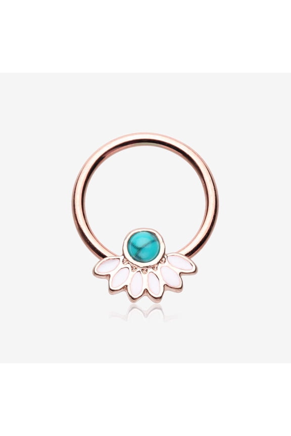Rose Gold Tribal Turquoise Floral Elegance Steel Captive Bead Ring