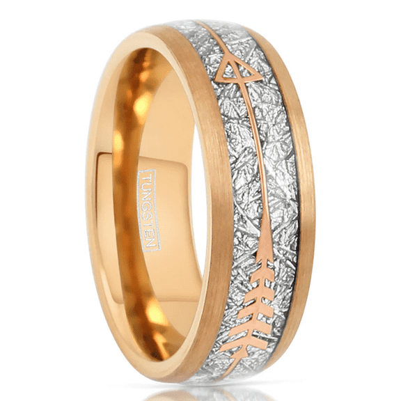 Rose Gold Tungsten Carbide Wedding Band Ring for Men & Women 8mm – Meteorite Inlay - Rose Arrow
