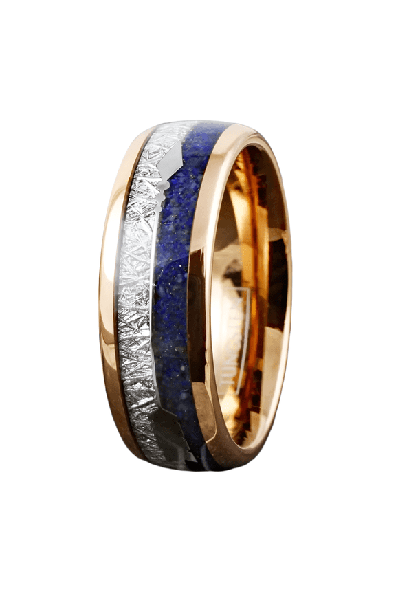Rose Gold Tungsten Carbide Wedding Band Ring for Men & Women – Meteorite & Blue Lapis Lazuli Inlay Design