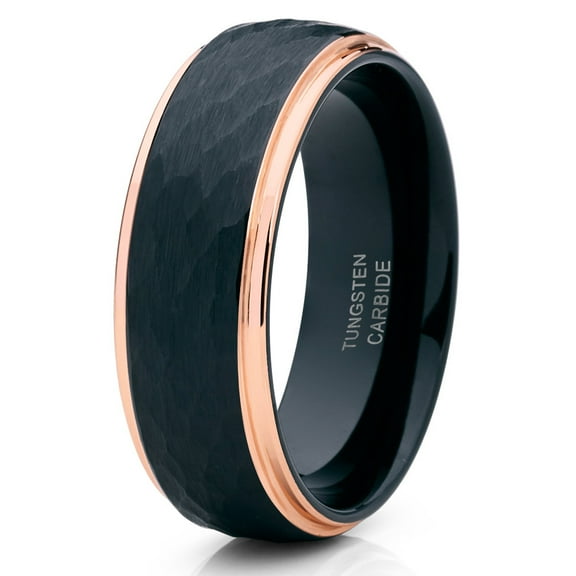 Rose Gold Tungsten Ring Hammered Wedding Band Anniversary Ring Men & Women Comfort Fit Ring