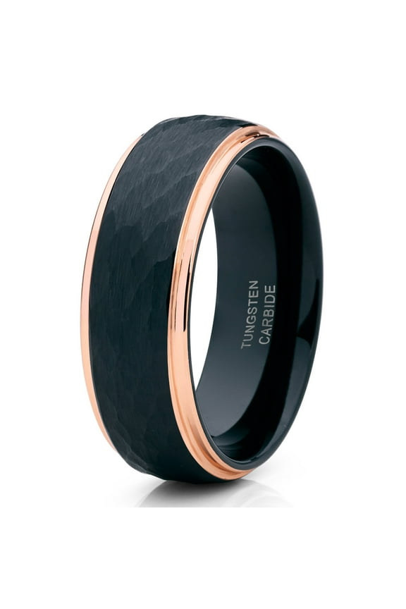 Rose Gold Tungsten Ring Hammered Wedding Band Anniversary Ring Men & Women Comfort Fit Ring