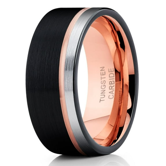 Rose Gold Tungsten Wedding Band Anniversary Ring Men & Women 8mm Black Tungsten Ring Rose Gold Comfort Fit