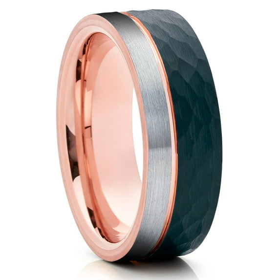 Rose Gold Tungsten Wedding Ring,Black Tungsten Ring,8mm Wedding Ring,Hammered Ring,Comfort Fit