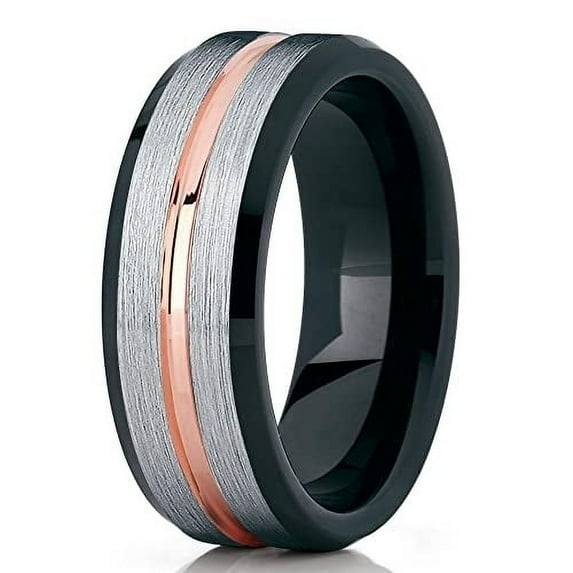 Rose Gold Tungsten Wedding Ring,Black Wedding Ring,Tungsten Wedding Band,8mm Wedding Ring,Anniversary
