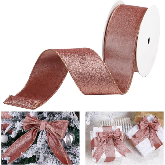 Rose Gold Velvet Wired Ribbon with Glitter Back 2.5 Inch Mauve Christmas Ribbon Wired Reversible Ribbon for Christmas Tree, Gift Wrapping, Crafts, Wreaths Supplies, Topper Bows (10 Yards)