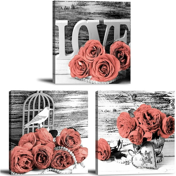 Rose Gold Wall Art Pink Flower Walls Decor for Girls Bedroom Black and White Floral Canvas Prints Picture Painting Home on Sets 3 Pcs Modern Bathroom Artwork Accessories Valentine Gift 12x12"