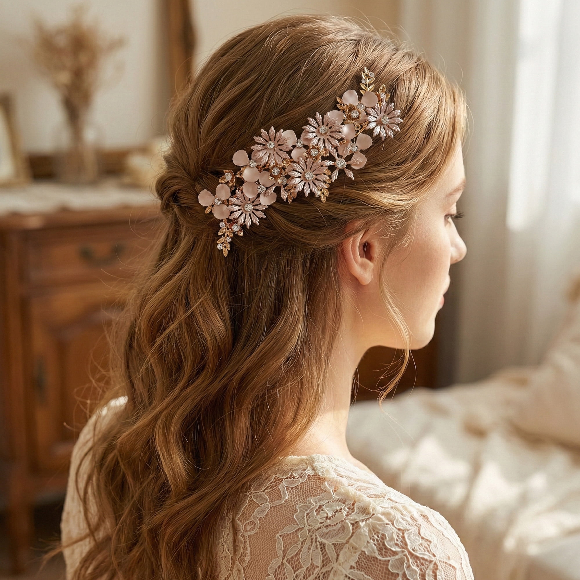 Beautiful rose gold wedding head piece with ribbons! Rose Gold Swarovski Bridal Headband Crown, Wedding hair  main image 3
