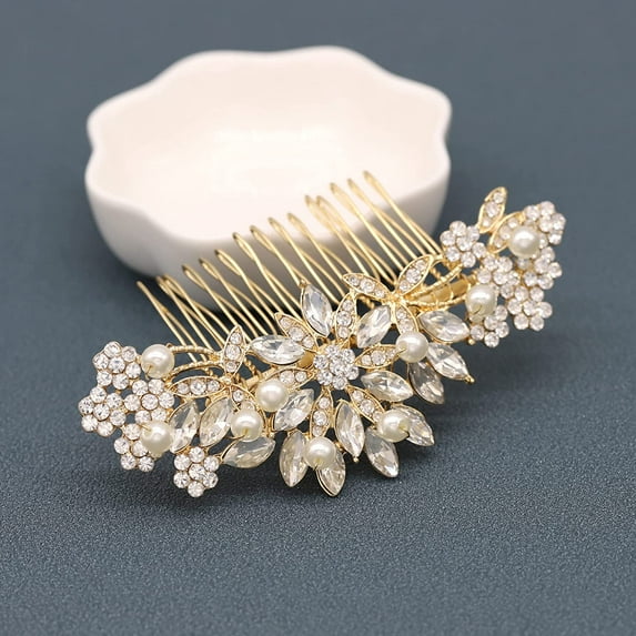 Rose Gold Wedding Hair Comb With Pearls and Crystals Wedding Hair Accessories Bridal Headpiece Or For Parties (Gold)