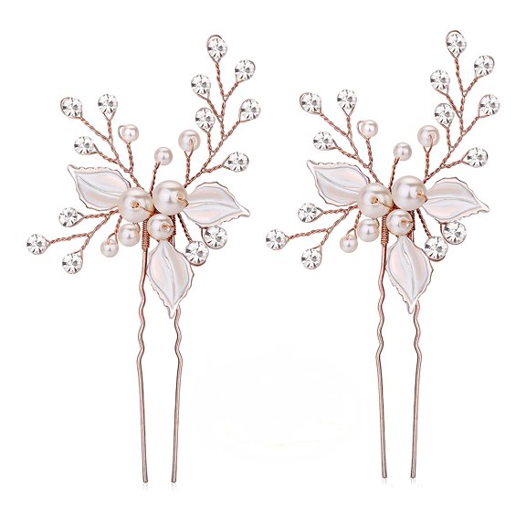 Rose Gold Wedding Hair Pins Pure Handmade Leaves Design Bridal Hair Pin with Rhinestones and Handmade Pearls Set Of 2 (Rose Gold)