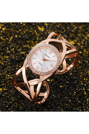 Rose Gold White Dial Crystal Bangle Watch – Luxury Women’s Quartz Bangle Watch