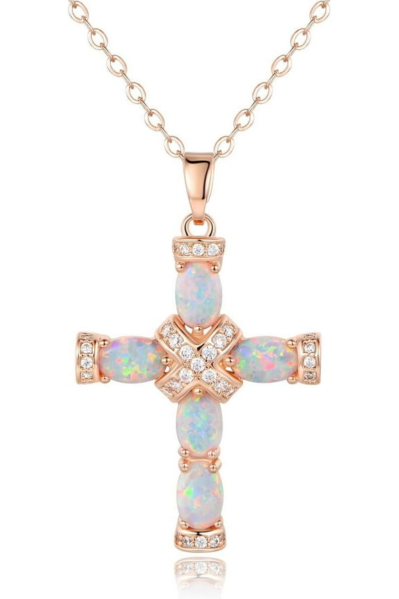 Rose Gold & White Gold Plated Created Opal Cross Chain With Pendant