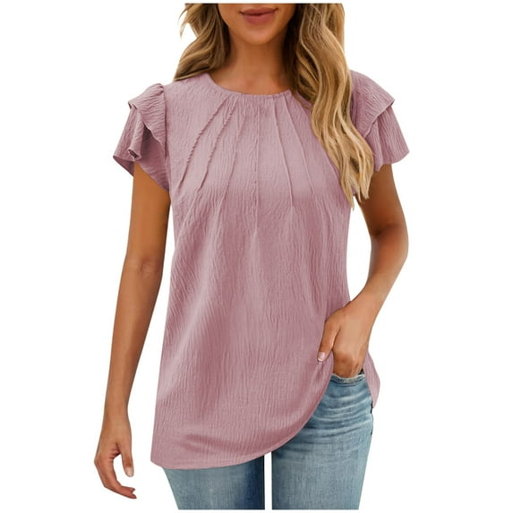 Rose Gold Women Loose Fit Tops Crew Neck Faux Gauze Linen Blouses for Women Ruffle Short Sleeve Casual Pleated Basic Fall Summer Shirt 2025 Clothing Fashion L