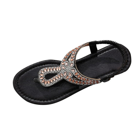 Rose Gold Women Versatile Elastic Back Foot Roman Flat Rhinestone Sandals Casual For Summer Wear Comfortable
