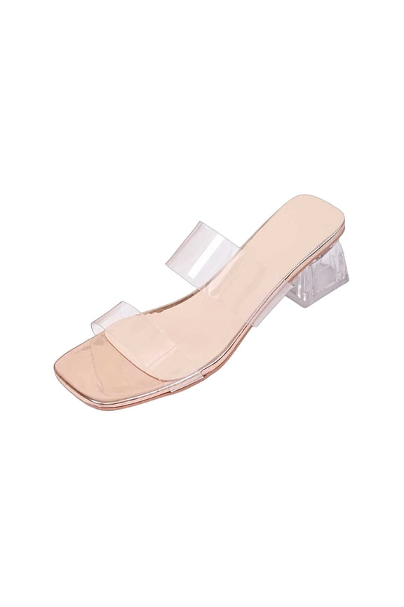 Rose Gold Womens 2026 Summer Clear Slides Rose Gold Tone Square Open Toe Transparent Chunky Heels