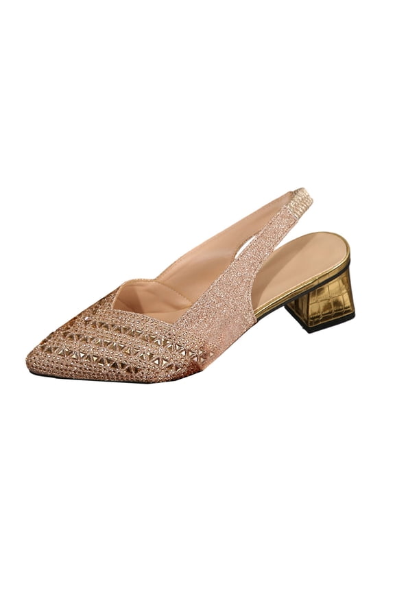 Rose Gold Womens Sandals Pointed Toe Closed Toe Block Heel Mid Heel Rhinestone Low Cut Versatile Comfortable Slip On Casual Summer Wear Size 39