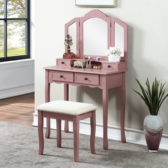 Rose Gold Wood Vanity , With Mirror, Stool And Storage For Makeups Jewelries Wooden By , Makeup Tray