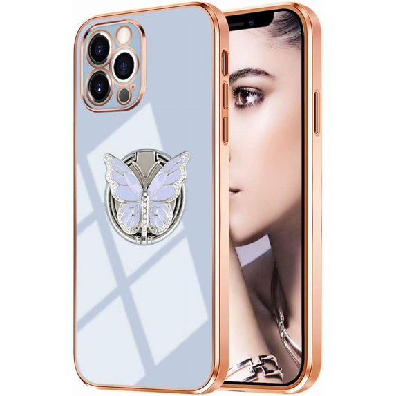 for Rose Gold iPhone 14 Pro Max Case for Women Girls Kickstand Ring Holder 360 TPU Rotation Rings Cases with Stand Glitter Plating Edge Work Slim Butterfly Luxury Case Girly Cover Case Blue