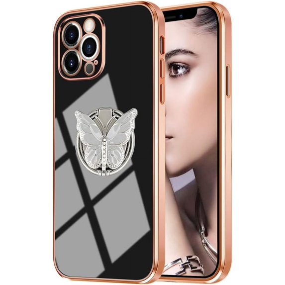 for Rose Gold iPhone 14 Pro Max Case for Women Girls Kickstand Ring Holder 360 TPU Rotation Rings Cases with Stand Glitter Plating Edge Work Slim Butterfly Luxury Case Girly Cover Case Black