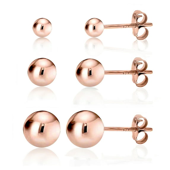 Kezef Rose Gold over 925 Silver High Polish Smooth Round Ball Stud Earring 3-Size Set - 3mm, 5mm, 7mm