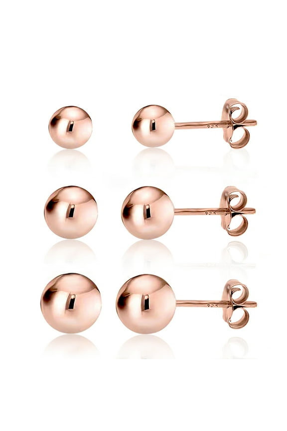 Rose Gold over 925 Silver High Polish Smooth Round Ball Stud Earring 3-Size Set - 4mm, 5mm, 6mm