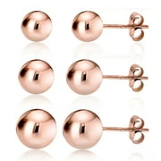 KEZEF Rose Gold over 925 Silver High Polish Smooth Round Ball Stud Earring 3-Size Set - 6mm, 7mm, 8mm