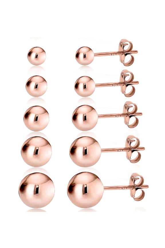 Women's Rose Gold over 925 Silver High Polish Smooth Round Ball Stud Earring 5-Size Set - 3mm - 7mm