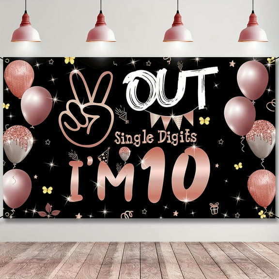 Rose Golden 10th Birthday Party Banner,Double Digits Backdrop, Reusable Happy 10-Year-Old Birthday Decorations, Photo Prop Room Decor for Celebration and Events
