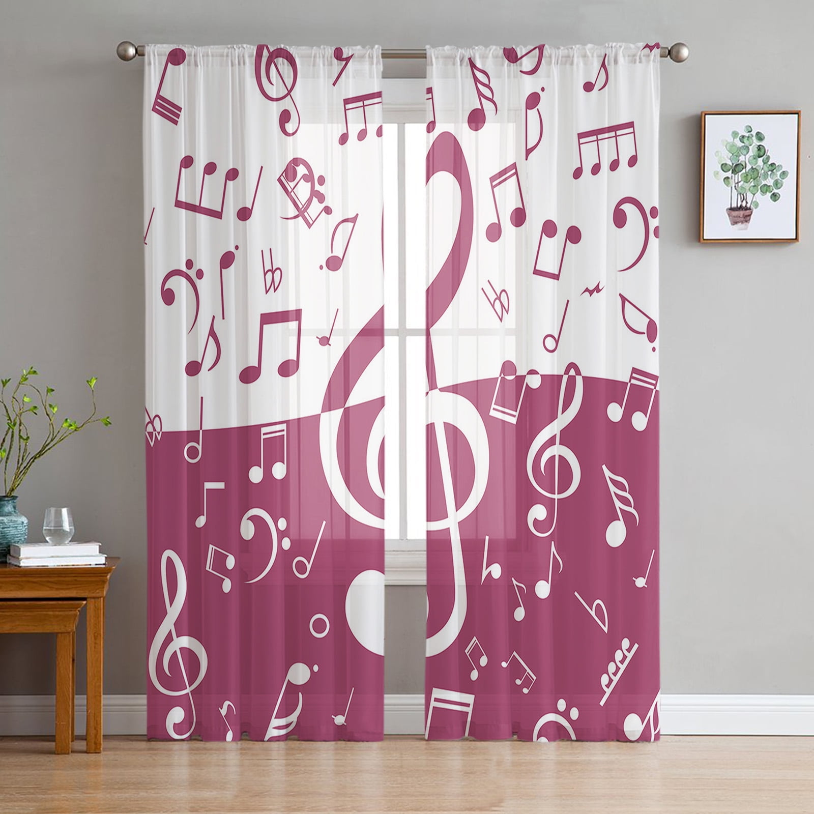 Rose Golden Flower Note Music Tulle Sheer Curtains for Living Room ...